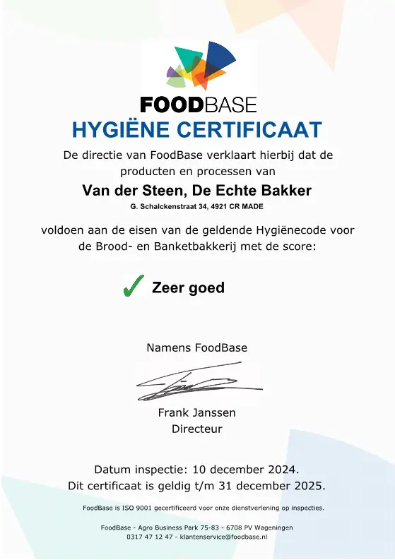 Foodbase certificaat brabantse worstenbroodjes.nl Foodbase certificaat 2025
